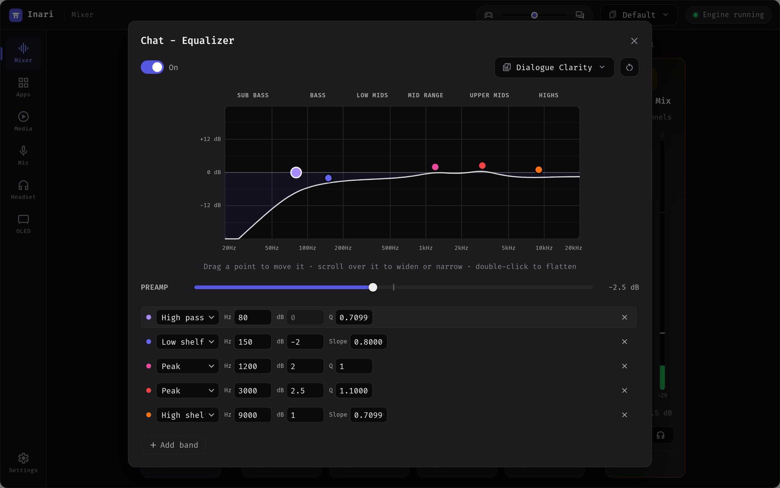 The Chat channel's equalizer: a high-pass at 80 Hz and a lift through the
speech range, from the Dialogue Clarity preset