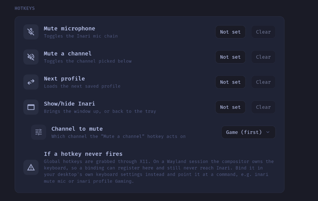 The Hotkeys section, with all four actions unbound
