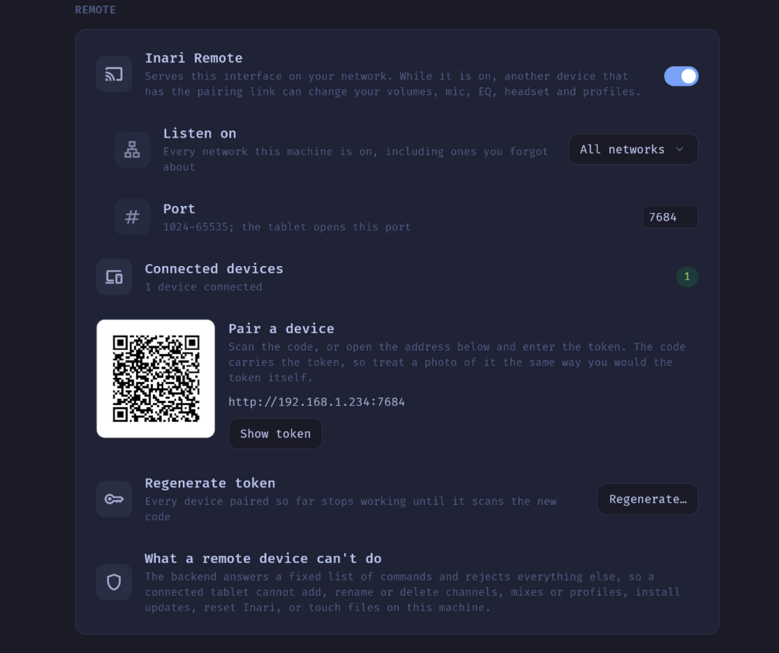 The Remote section: switch, bind address, port, and the pairing QR code